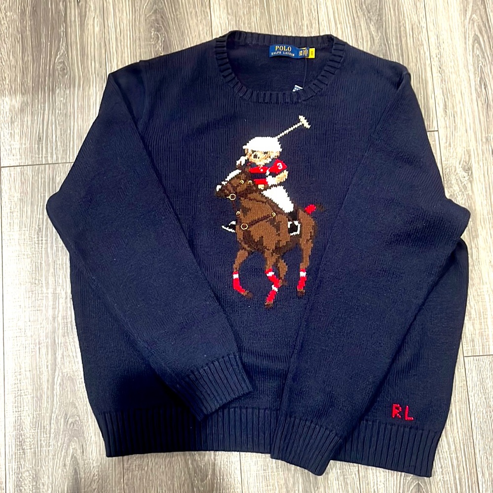 New 2XBig Polo Ralph Lauren Navy Blue Bear Poloman Sweater Retail $428.00